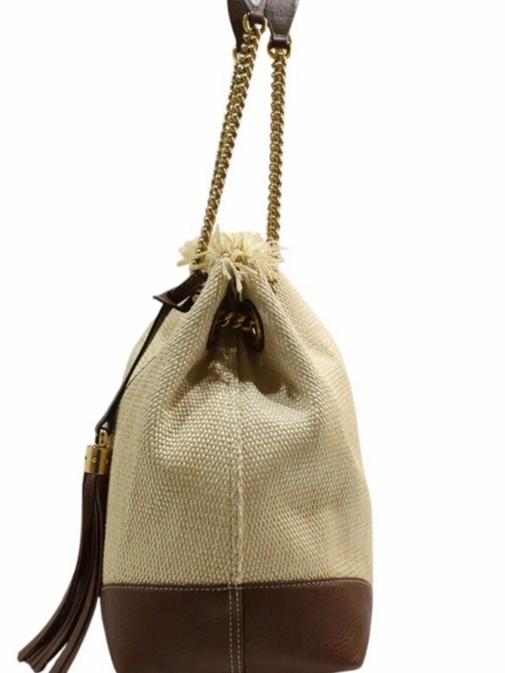 Gucci Beige raffia Shoulder Bag with Brown Leather Trim and Gold Chain